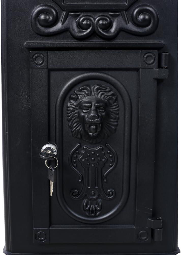Copper Mailbox, Large Lockable Package Drop Box with Roman Statue, Rustproof Cast Aluminum Mail Boxes for Outside, Vintage Post-Mount Design, Weatherproof & Elegant Garden Letter Box (Black)