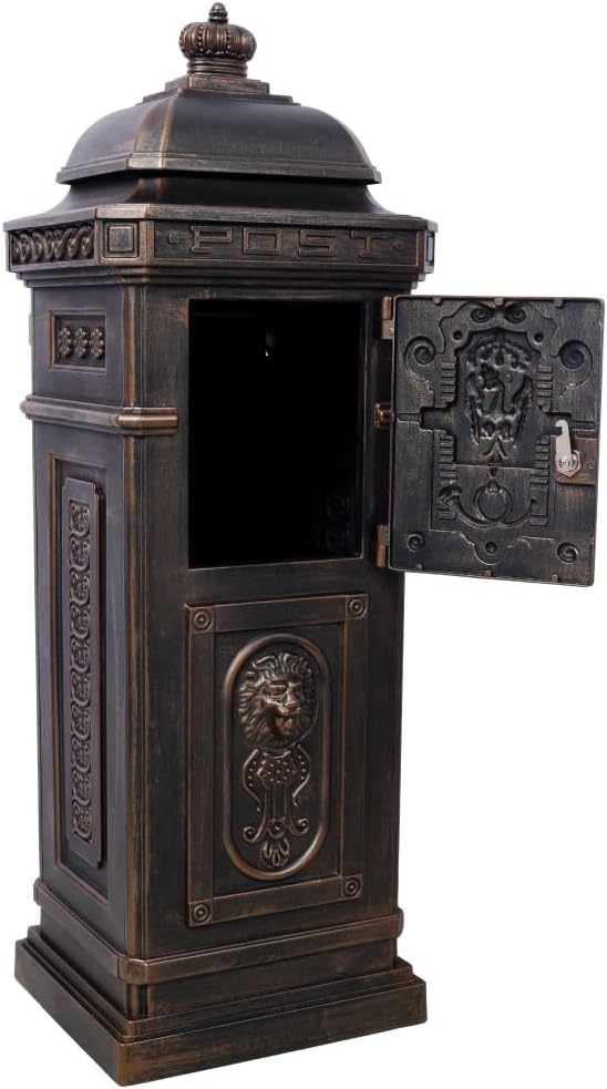 Copper Mailbox, Large Lockable Package Drop Box with Roman Statue, Rustproof Cast Aluminum Mail Boxes for Outside, Vintage Post-Mount Design, Weatherproof & Elegant Garden Letter Box (Bronze)