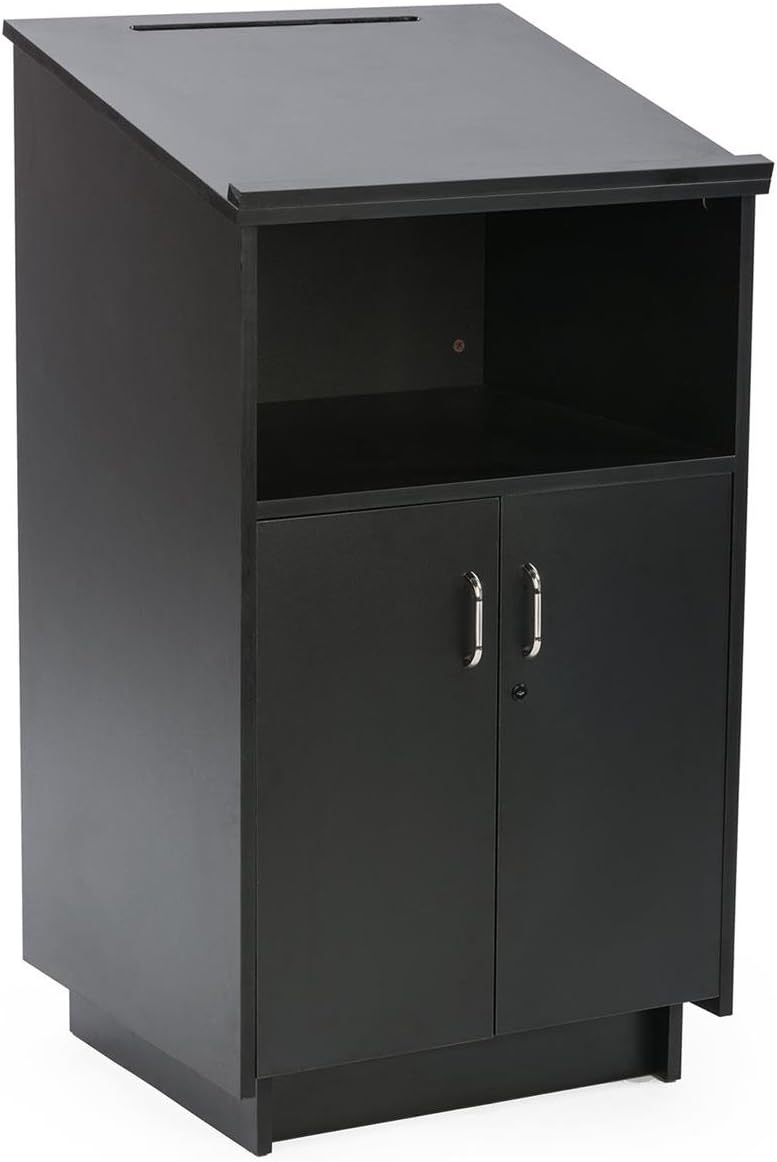 45.5' Tall Podium with Locking Cabinet, Inner Shelf, 25' Wide Angled Surface with Lip (Black)
