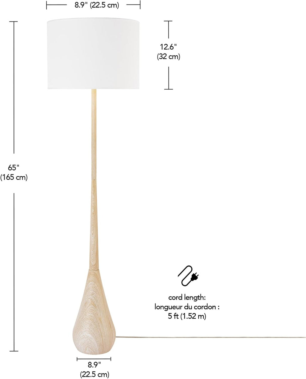 Globe Electric 65' Floor Lamp, Wood-Toned Finish, White Cotton Shade, Japandi Style, E26 Base, On/Off Rotary Switch, 5-Ft Cord, 52112