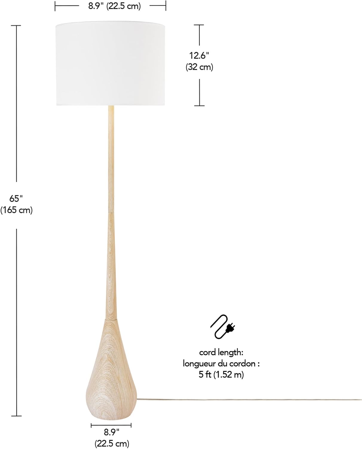 Globe Electric 65' Floor Lamp, Wood-Toned Finish, White Cotton Shade, Japandi Style, E26 Base, On/Off Rotary Switch, 5-Ft Cord, 52112