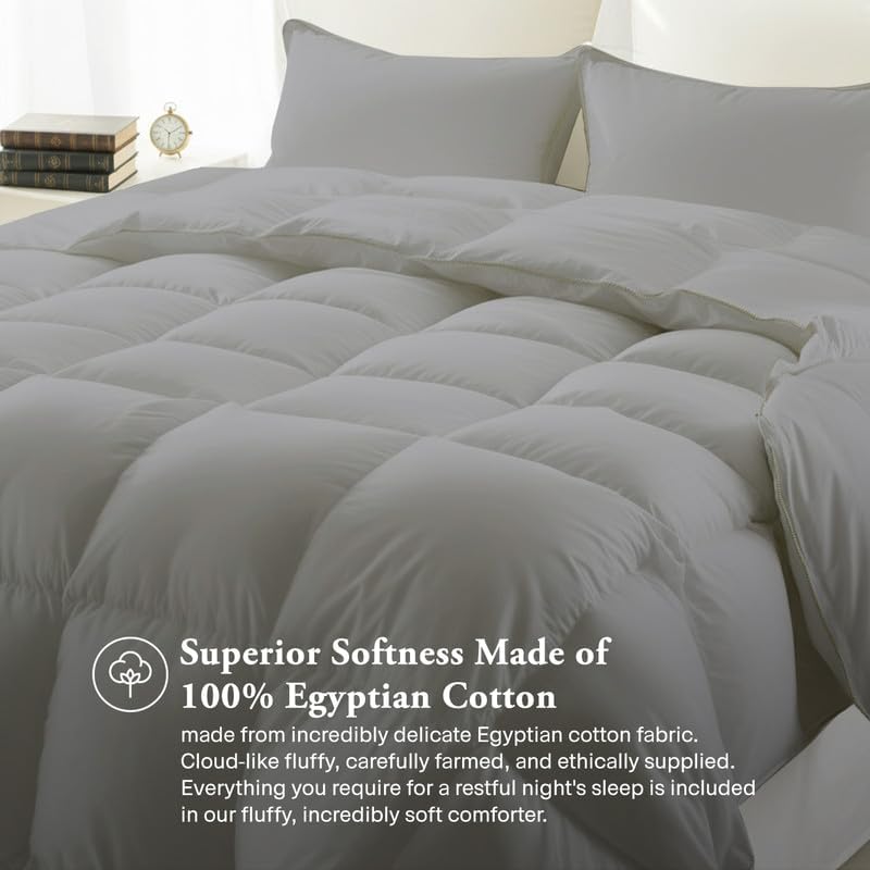 Egyptian Cotton Oversized Queen Size Comforter Sets - Dark Grey Color, Soft Lightweight Bed Set, All Season Gray Bedding Sets - 1 Comforter & 2 Pillow case