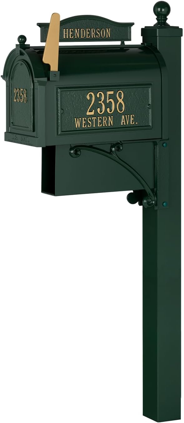 Whitehall Ultimate Mailbox Package, Personalized Large Mailbox with Post and Address Plaque for Outside - Green/Gold
