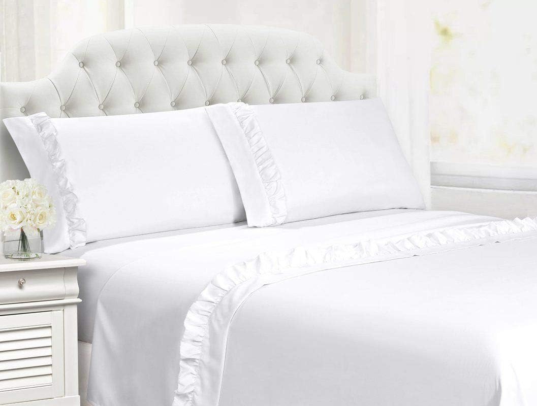 4-Piece King Size, Shabby Chic Ruffle Sheets Set French Country Bedding 100% Egyptian Cotton Vintage Bed Sheet Set 15 Inch Deep Pockets Ruffled Bed Sheets White Solid