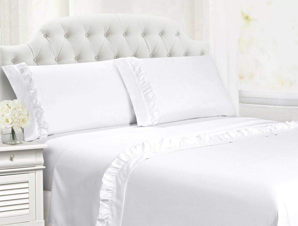6-Piece Queen XL Size, Shabby Chic Ruffle Sheets Set French Country Bedding 100% Egyptian Cotton Vintage Bed Sheet Set 15 Inch Deep Pockets Ruffled Bed Sheets White Solid
