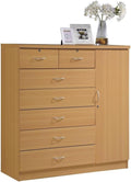 BOWERY HILL 7 Drawer Chest, Beech Wood Finish, Locks on 2 Drawers and 1 Door, Adjustable Shelves, Hanging Rod, Metal Roller Glides, Double Ring Pull Handles, 48.6 in H x 47.2 in W x 17.6 in D