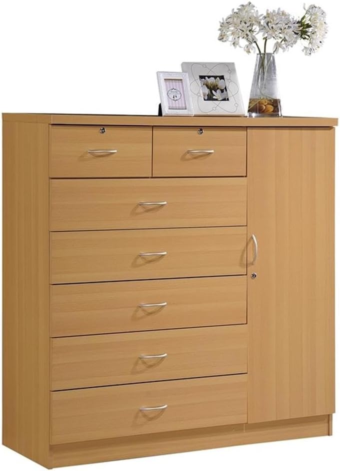 BOWERY HILL 7 Drawer Chest, Beech Wood Finish, Locks on 2 Drawers and 1 Door, Adjustable Shelves, Hanging Rod, Metal Roller Glides, Double Ring Pull Handles, 48.6 in H x 47.2 in W x 17.6 in D