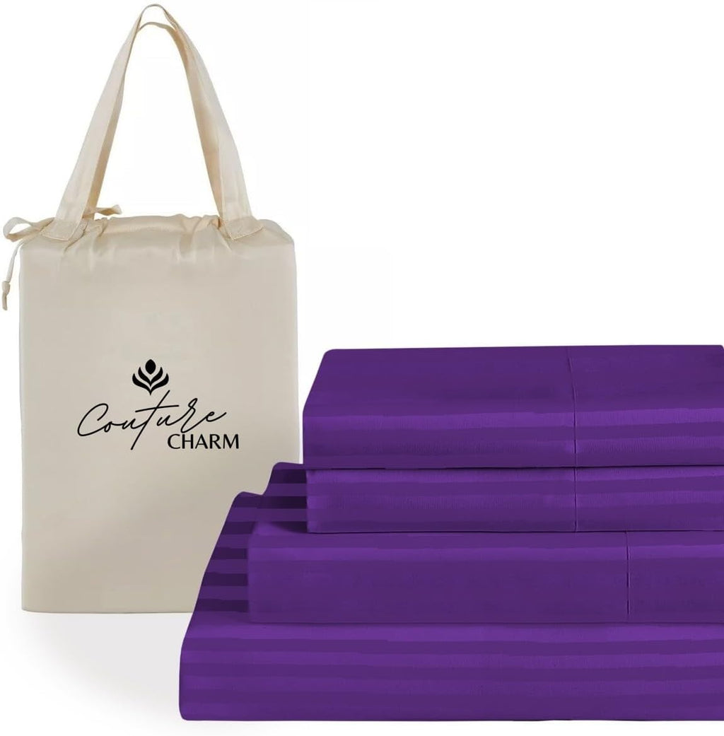 Queen Size 1000 Thread Count 100% Egyptian Cotton Sheet Set, 4-Piece, Sateen Weave, with 10-12' Deep Pocket Snug Fit (Stripe, Purple)