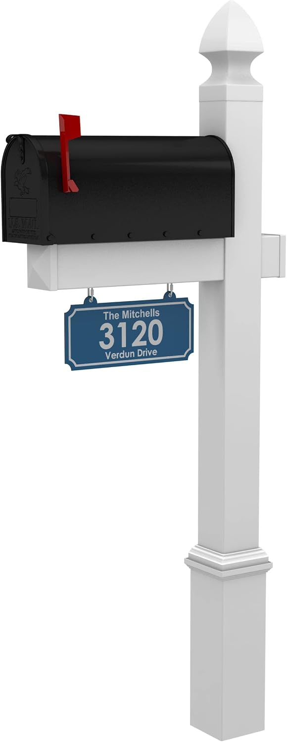 4Ever Products The Carmel Vinyl Mailbox Post System - Includes Black Steel Mailbox and Custom Street Address (Blue)