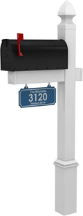 4Ever Products The Carmel Vinyl Mailbox Post System - Includes Black Steel Mailbox and Custom Street Address (Blue)