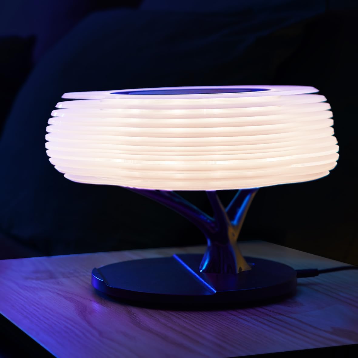 Bonsai Modern LED Bedside Smart Table Lamp with Built-in TWS Bluetooth Speaker and Qi Wireless Charger for Home and Office, Stepless Dimming with Sleep Mode (Clouds)