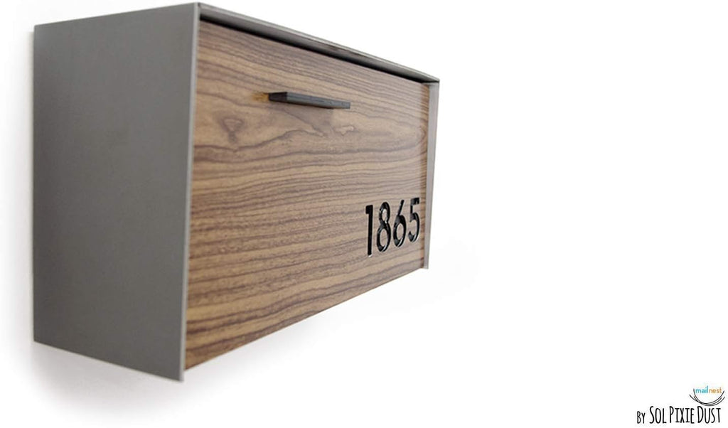 Wall Mounted Mailbox with Wood Walnut Aluminum (ACP) Face and Metalic Grey Aluminum Body and Black Acrylic Numbers - Modern Design - Custom Mailbox with House Numbers - Letterbox - Mailnest Type 3