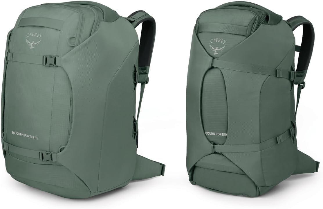 Osprey Sojourn Porter 65L Travel Backpack - Carry-On Compliant Luggage with StraightJacket Compression and Padded Laptop Sleeve - Durable Pack for International or Urban Travel, Koseret Green