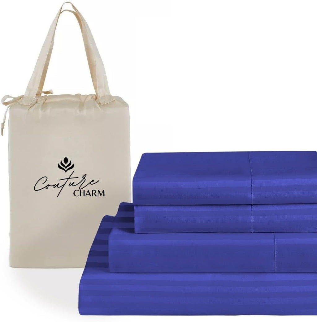 Queen Size 1000 Thread Count 100% Egyptian Cotton Sheet Set, 4-Piece, Sateen Weave, with 10-12' Deep Pocket Snug Fit (Stripe, Royal Blue)