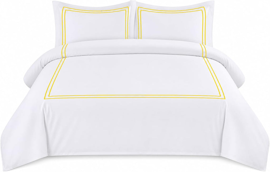 BedDecor Luxury 400-TC Egyptian Cotton 5PC Embroidered Duvet Cover Set with Beautiful 2-Stripe Embroidery(Gold, Full/Queen)