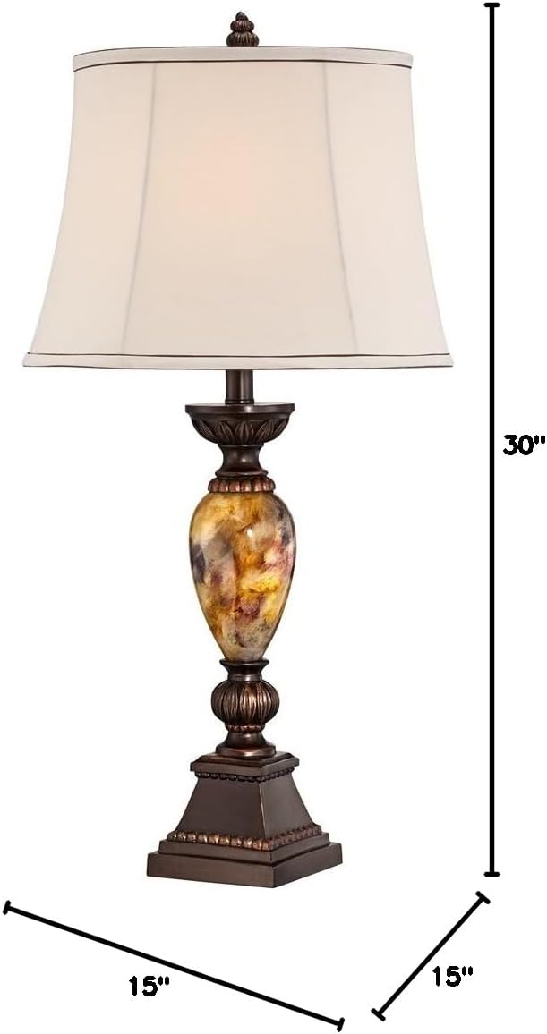 kathy ireland Mulholland Traditional Table Lamp 30' Tall Brown Gold Faux Marble Aged Bronze Off-White Fabric Oval Shade Decor for Bedroom Living Bedside Nightstand Home Office Kids Room