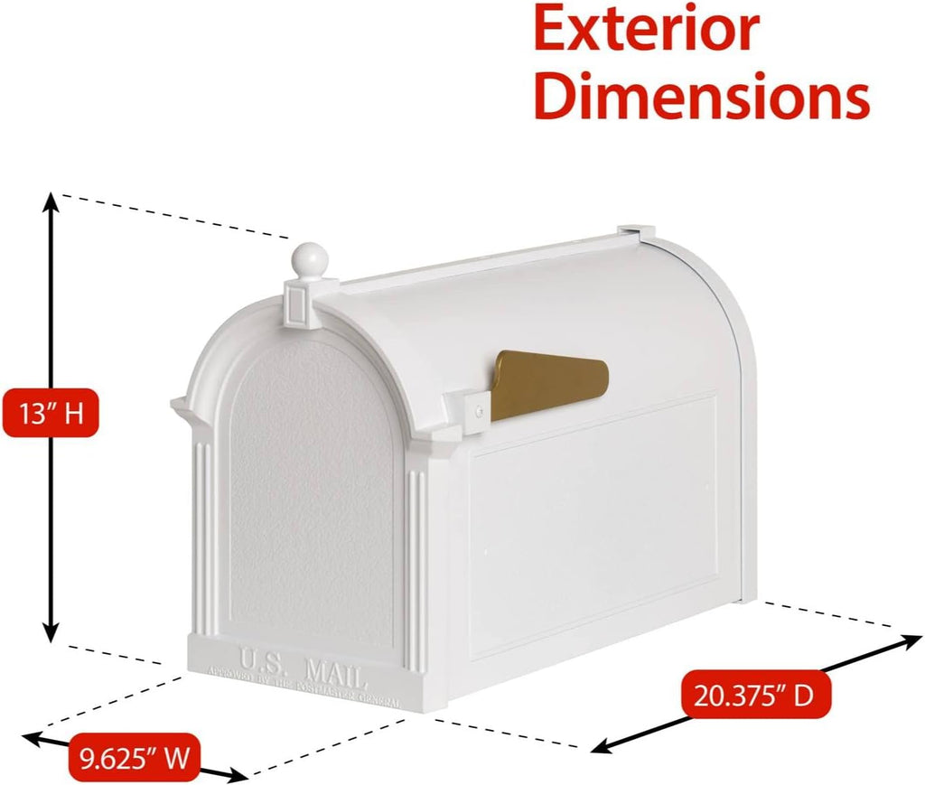 Whitehall Custom Extra Large Mailbox - Capitol Model with Address Plaque and Side Mount Post Package, Sand Cast Aluminum, White Personalized in Goldtone