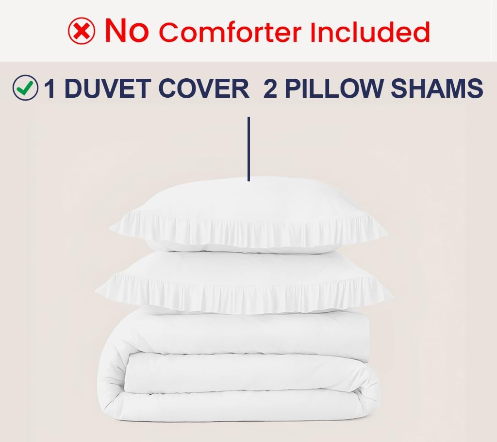 Kotton Culture 3 Pc 120'x 120' White Ruffle Trim Duvet Cover Set-Super King Plus -100% Egyptian Cotton-600 TC Frilled, Shabby Chic Bohemian-French Style- Farmhouse Decorative-Cute Comforter Cover