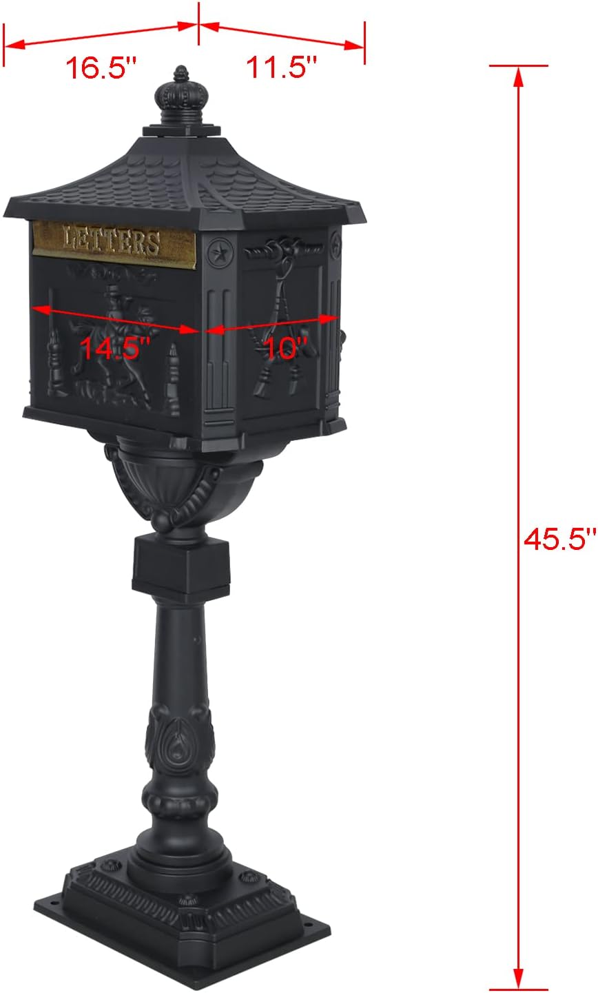 Montary Cast Aluminum Mailbox with Post, Heavy Duty Locking Security Mail Box for House Outside, Vintage Rust-Proof Large Postal Box with Keys & Baffle Door Postal Mailbox (Black)