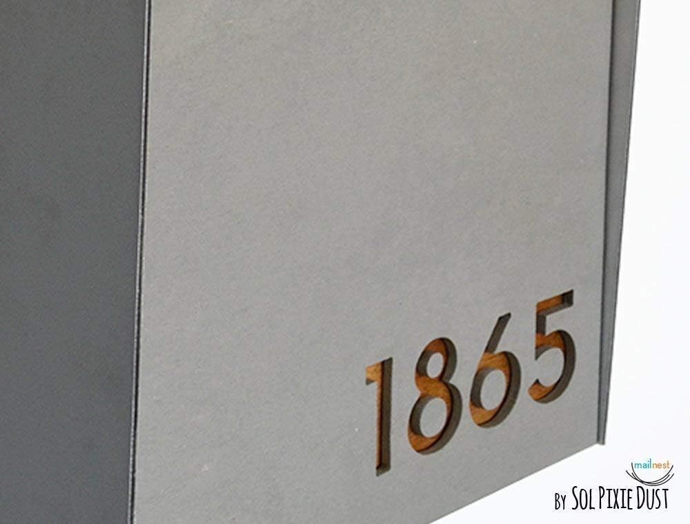 Wall Mounted Mailbox with Concrete Face (Door) - Metallic Gray Aluminum (ACP) Body and Wood Numbers - Modern Design - Custom Mailbox - Postbox - Letterbox - Mailnest Type 1