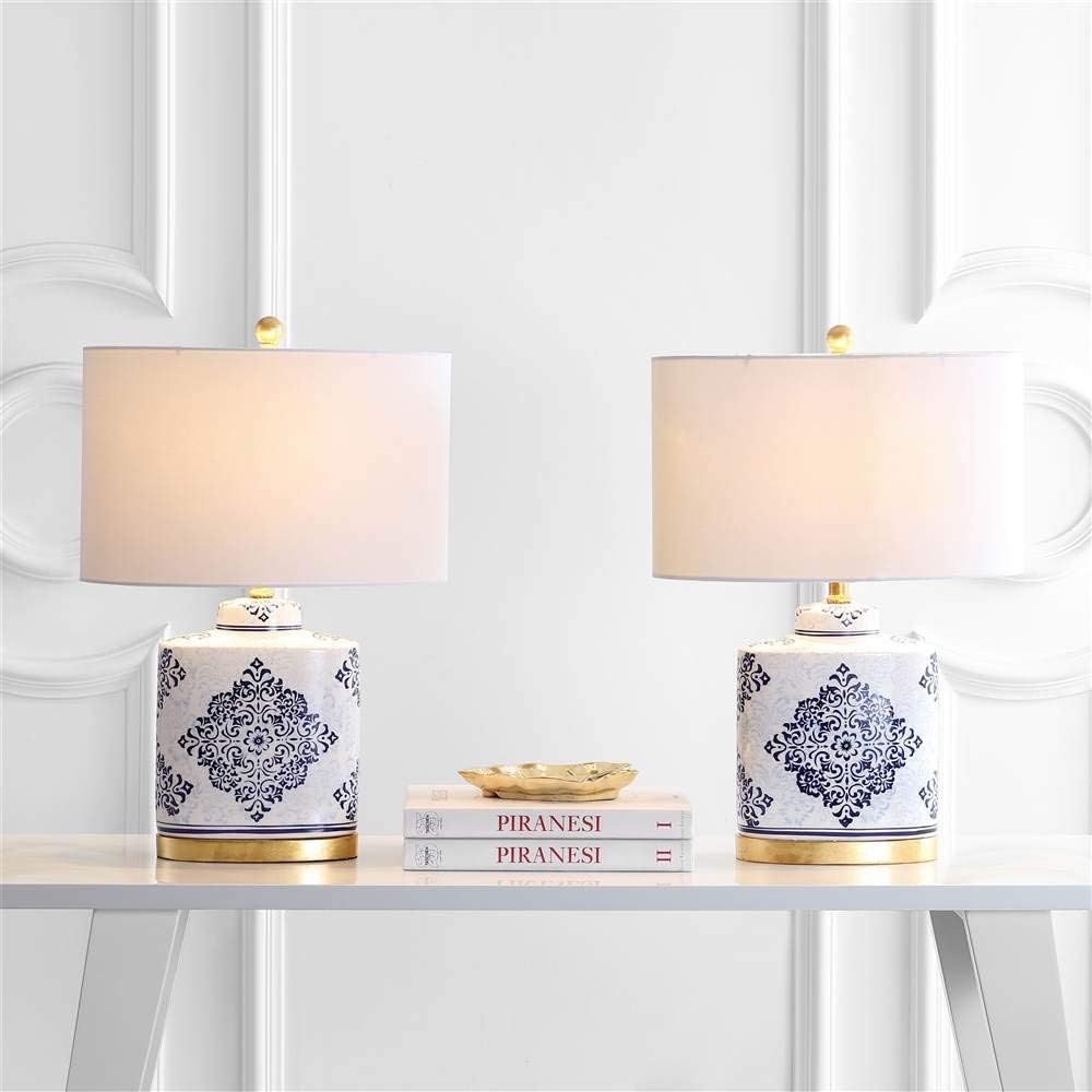 SAFAVIEH Lighting Collection Kamdyn Blue/ White 24-inch Bedroom Living Room Home Office Desk Nightstand Table Lamp Set of 2 (LED Bulbs Included)