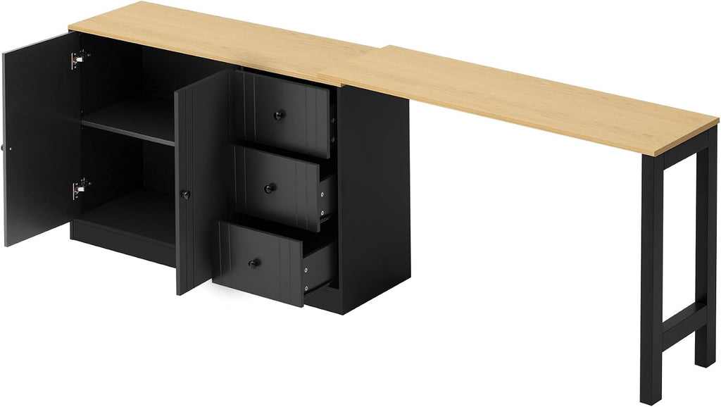 RUNNA 89.7''Wooden Sideboard with Extendable Table,Multifunctional Storage Cabinet with 2 Doors and 3 Drawers,for Living Room,Study,Foyer and Kitchen (Black+Natural#68)