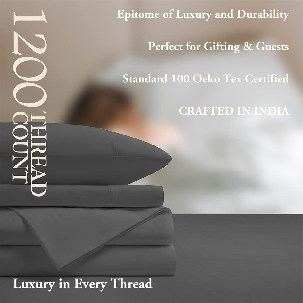 1200 Thread Count Cotton Sheets, 100% Egyptian Cotton Sheet for Queen Size Bed, Sateen Weave Bed Sheets 17-Inch Deep Pocket - Breathable and Hypoallergenic - 4 Piece (Charcoal Grey, Queen)