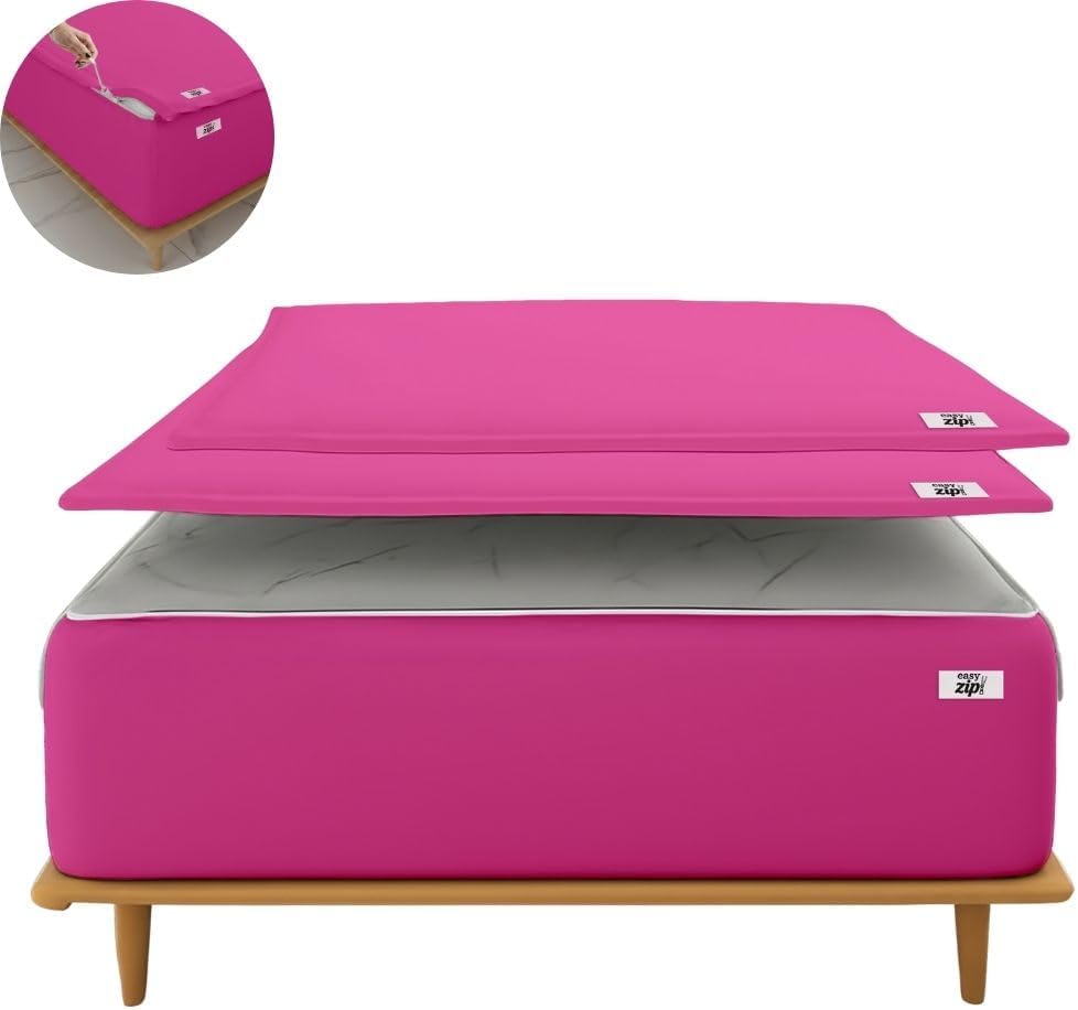 COTTON STICH 600 TC Zipper Fitted Sheet, 100% Egyptian Cotton, 18' Deep Pocket, Easy Zip Change, All-Around Secure Fit - Queen Size Bed - Hot Pink
