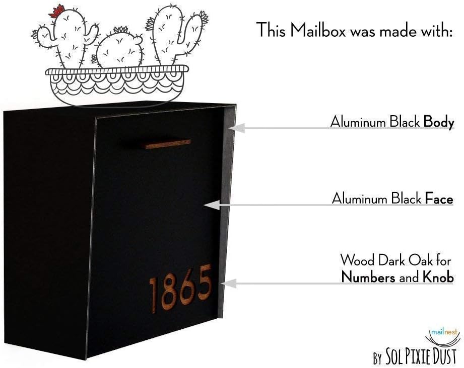 Wall Mounted Mailbox - Aluminum (ACP) Black Aluminum Face and Body with Wood Dark Oak numbers - Custom Mailbox - Postbox - Letterbox - Mailnest Type 1