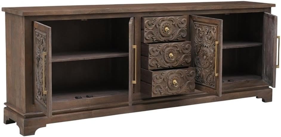 Pemberly Row Solid Mango Wood Sideboard, 39' H x 106' W x 17' D, Brown Finish, 3-Drawer 4-Door Design, Decorative Floral Carvings, Metal Handles, Spacious Cabinets, Dining Room or Living Room Storage