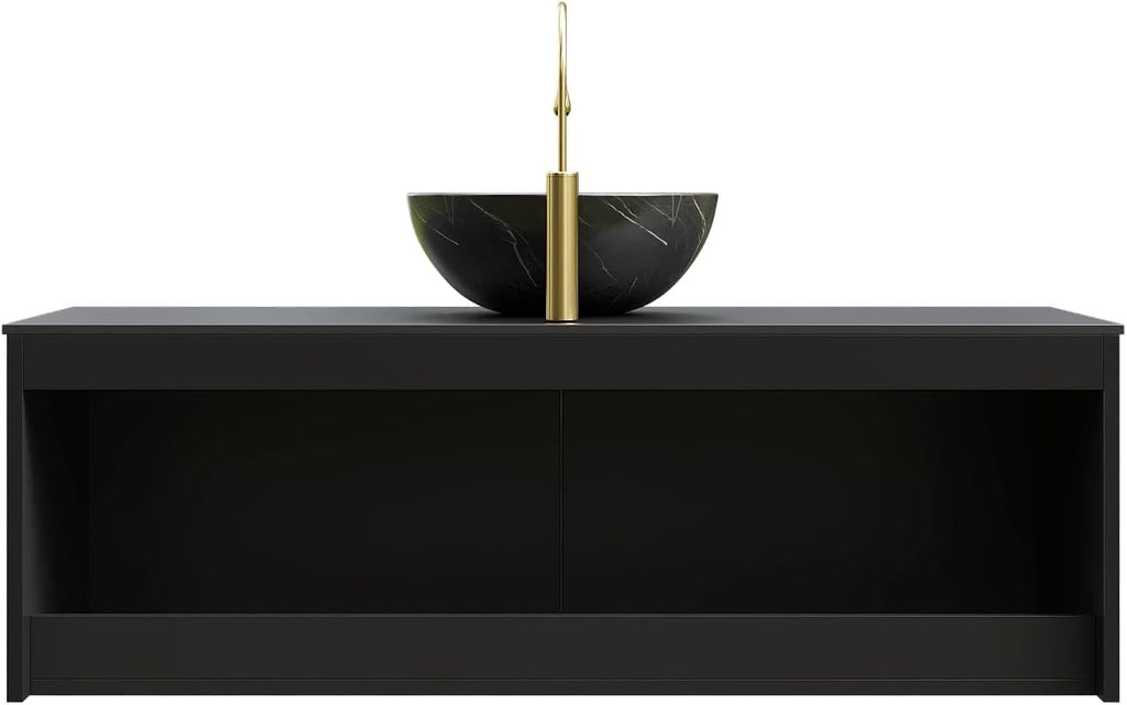 48 Inch Bathroom Vanity with Sink, Floating Fluted Vanity with Vessel Sink, Modern Wall Mounted Bathroom Vanity Cabinet with 2 Doors, Bowl Vessel Sink & Sintered Stone Top, Black