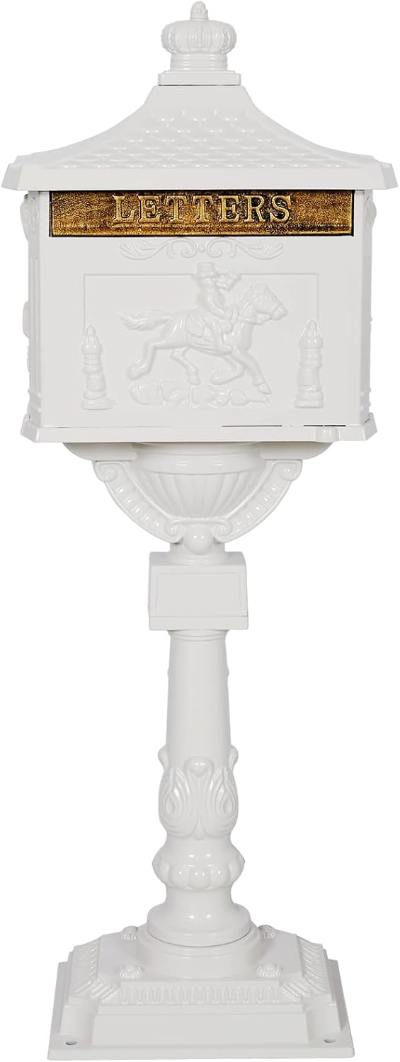 Montary Cast Aluminum Mailbox with Post, Heavy Duty Locking Security Mail Box for House Outside, Vintage Rust-Proof Large Postal Box with Keys & Baffle Door Postal Mailbox (White)