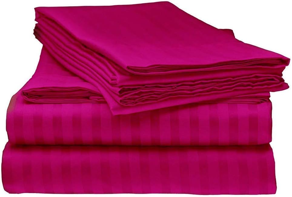 LaxLinen 600 Thread Count Super Soft Quality 100% Egyptian Cotton 6 PCs Bed Sheet Set (+26 Inch) Extra Deep Pocket Queen Bed Size, Hot Pink Stripe