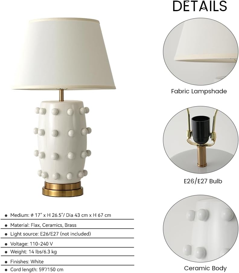 Modern Ceramic Linden Table Lamp - 30' White Ball Farmhouse Design, Classic Nightstand Large Linden Lamp Tapered Drum Shade for Living Room, Bedroom, Office, and Home （White）