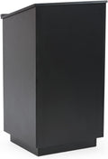 45.5' Tall Podium with Locking Cabinet, Inner Shelf, 25' Wide Angled Surface with Lip (Black)
