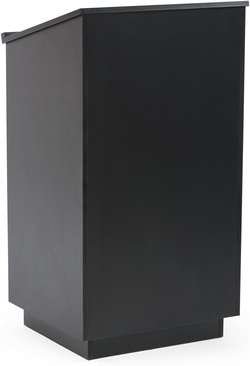 45.5' Tall Podium with Locking Cabinet, Inner Shelf, 25' Wide Angled Surface with Lip (Black)
