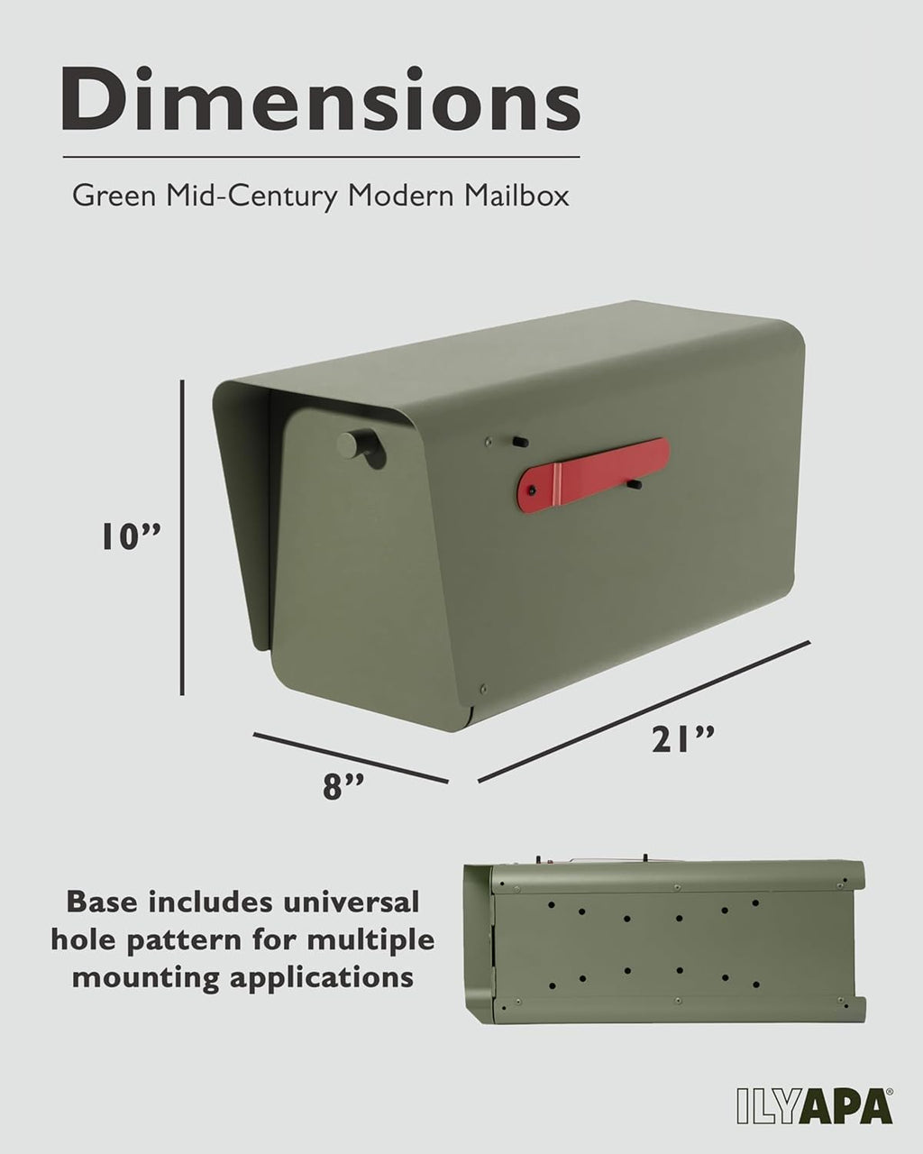 Ilyapa Mid Century Modern Mailbox Post Mount Mailboxes for Outside -Powdercoated Green Outdoor Metal Mail Box, with Stainless Steel Hinges & Magnetic Door
