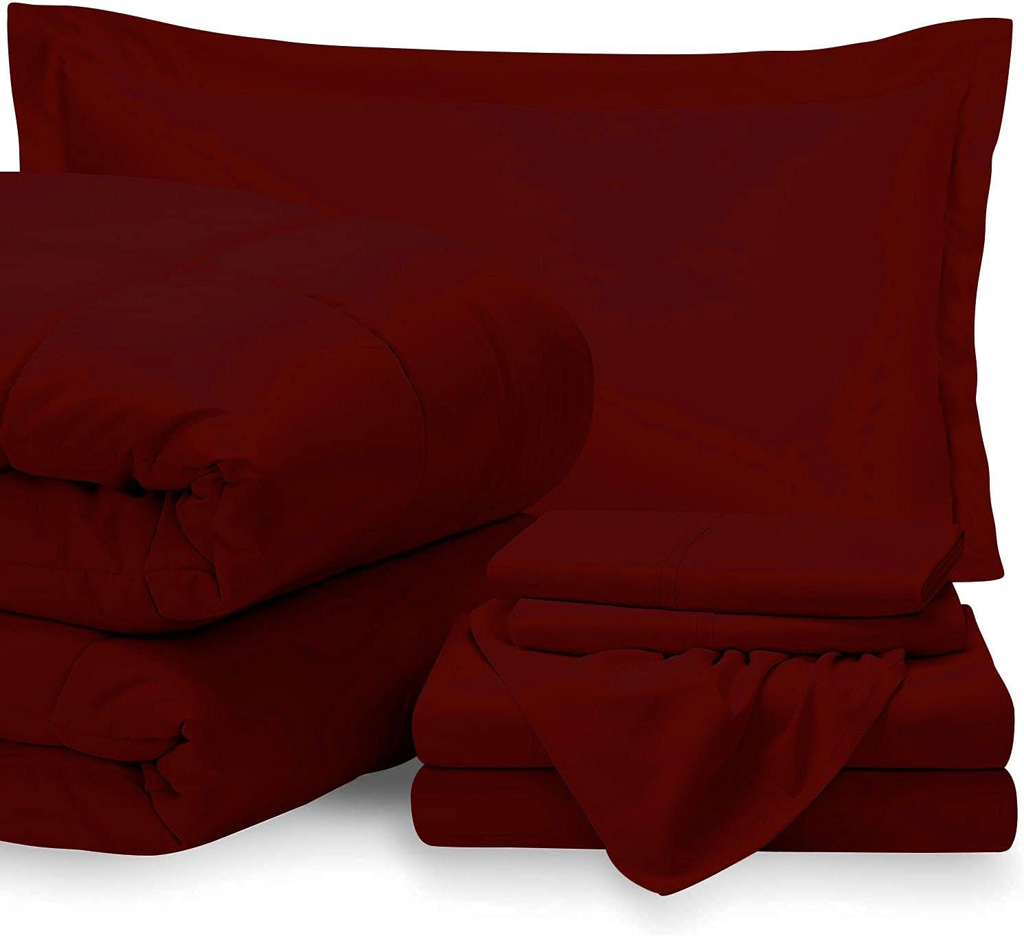 7 Piece Bed-in-A-Bag Comforter & Sheet Set 8-10' Deep Pocket, 100% Egyptian Cotton Queen Size, Burgundy, Sets Include - 1Comforter, 1Flat Sheet,1Fitted Sheet, 2Pillowcase & 2Pillowsham