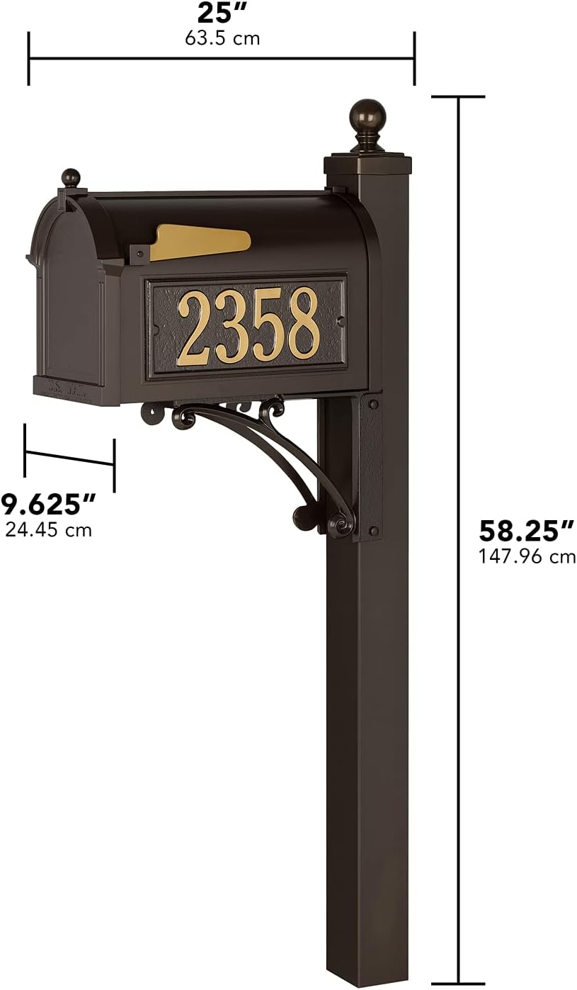 Whitehall Custom Extra Large Mailbox - Capitol Model with Address Plaque and Side Mount Post Package, Sand Cast Aluminum, Bronze Personalized in Goldtone