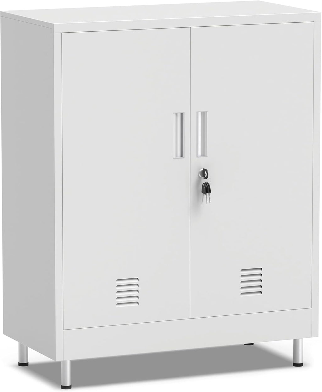 JINGUR Metal Storage Cabinet with Locking Doors and 2 Adjustable Shelves, Lockable Storage Cabinet for Home Office Garage Pantry Living Room (White)
