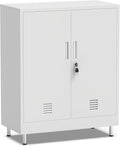 JINGUR Metal Storage Cabinet with Locking Doors and 2 Adjustable Shelves, Lockable Storage Cabinet for Home Office Garage Pantry Living Room (White)