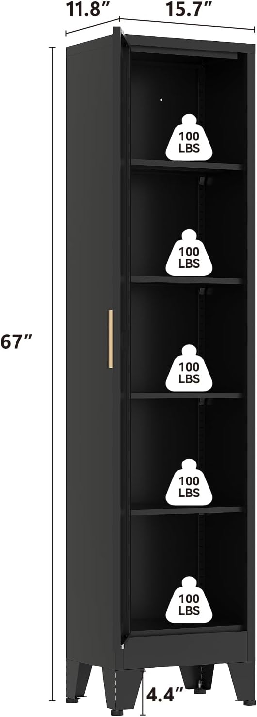 67' Tall Narrow Storage Cabinet, Metal Slim Bathroom Cabinet, Single Door Freestanding Floor Cabinets with 4 Adjustable Shelves for Laundry, Kitchen Pantry, Living Room (1PC, Black)