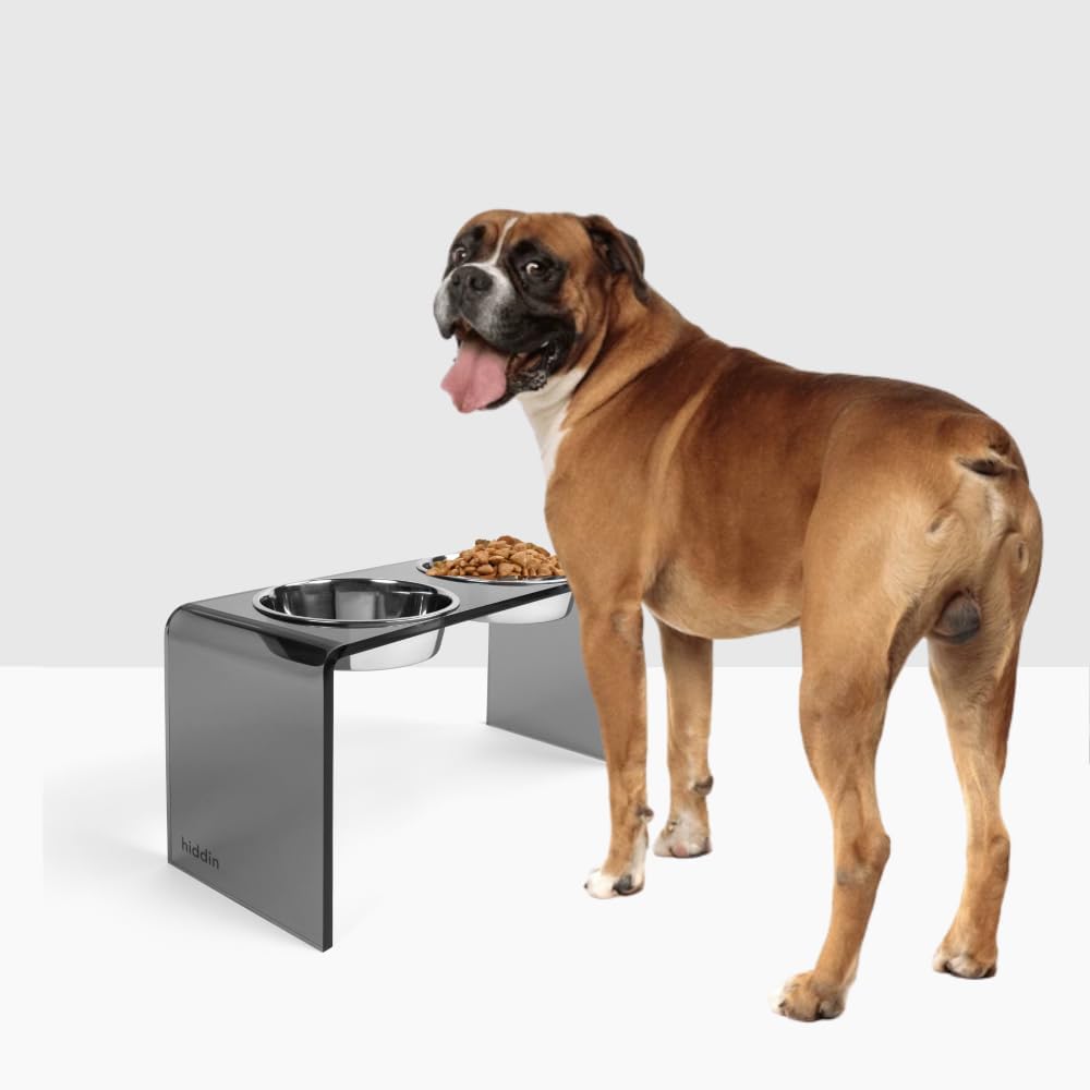 Hiddin Double Elevated Dog Bowl Stand for Medium or Large Dogs, All Breeds, Smoke Grey Acrylic 12 Inch Raised Dog Bowl Stand with Two Stainless Steel Bowls for Food and Water - 6.5 Cups Each Dish