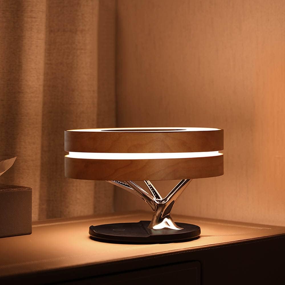 Bonsai Modern LED Bedside Smart Table Lamp with Built-in TWS Bluetooth Speaker and Qi Wireless Charger for Home and Office, Stepless Dimming with Sleep Mode (Circle of Light)
