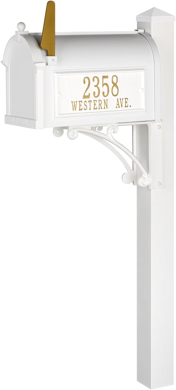 Whitehall Superior Mailbox with Side Address Plaques, Personalized Large Mailbox with Post and Address Plaque for Outside, Package Mailbox with Post White