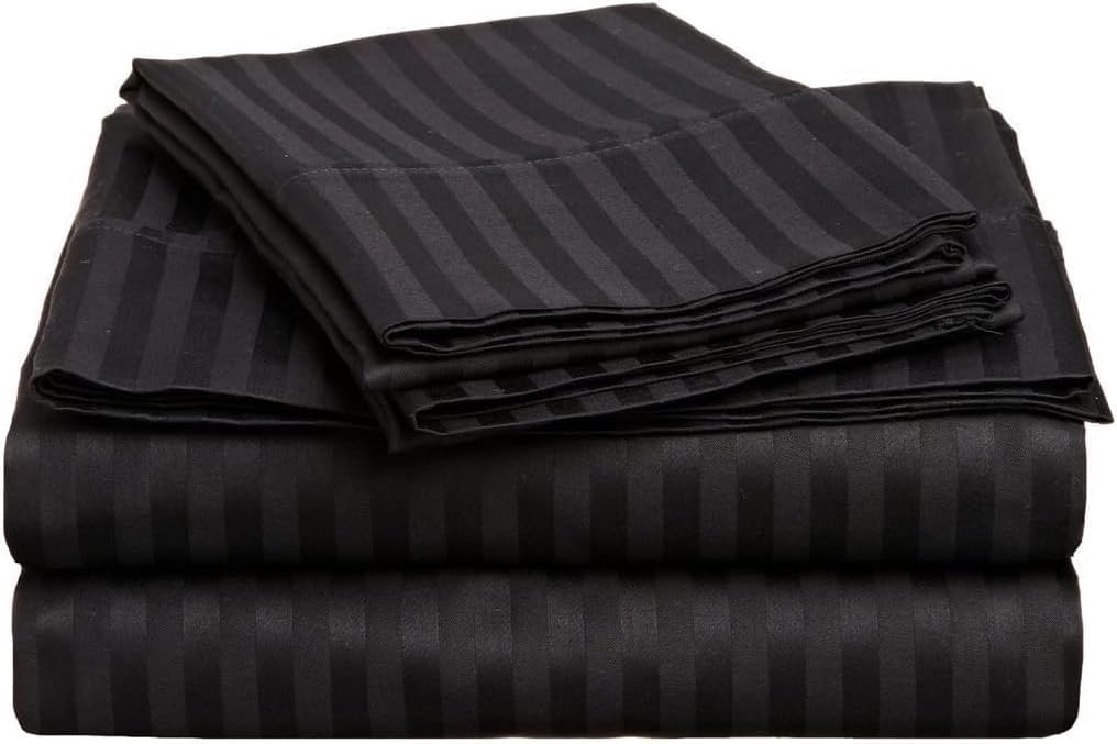 Breathable Luxury Bedding ! 800 Thread Count 100% Egyptian Cotton Queen Size 4 Piece Sheet Set Fit 15' Inch to 18' Inch Deep Pocket Stripe. Black