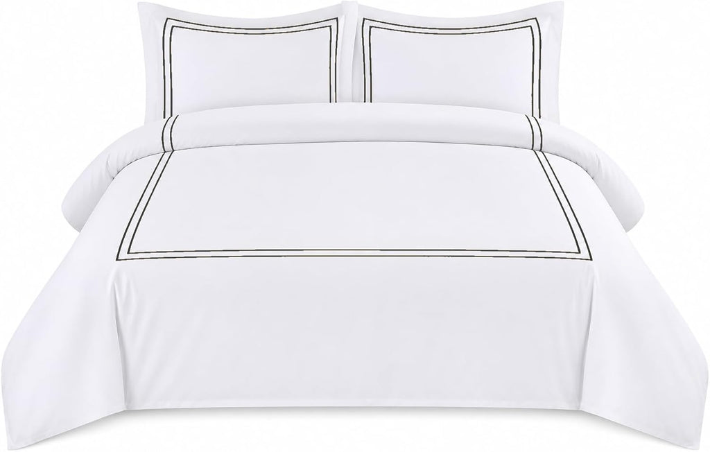 BedDecor Luxury 400-TC Egyptian Cotton 5PC Embroidered Duvet Cover Set with Beautiful 2-Stripe Embroidery(Dark Grey, Full/Queen)