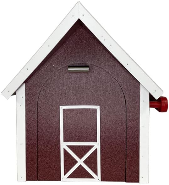 Amish Recycled Plastic Deluxe Mailbox, Cherrywood & White, Extra Large Barn-Style Mailbox with Diamond Plate Metal Roof, Durable Poly Lumber Construction, Post Mount, Made in USA