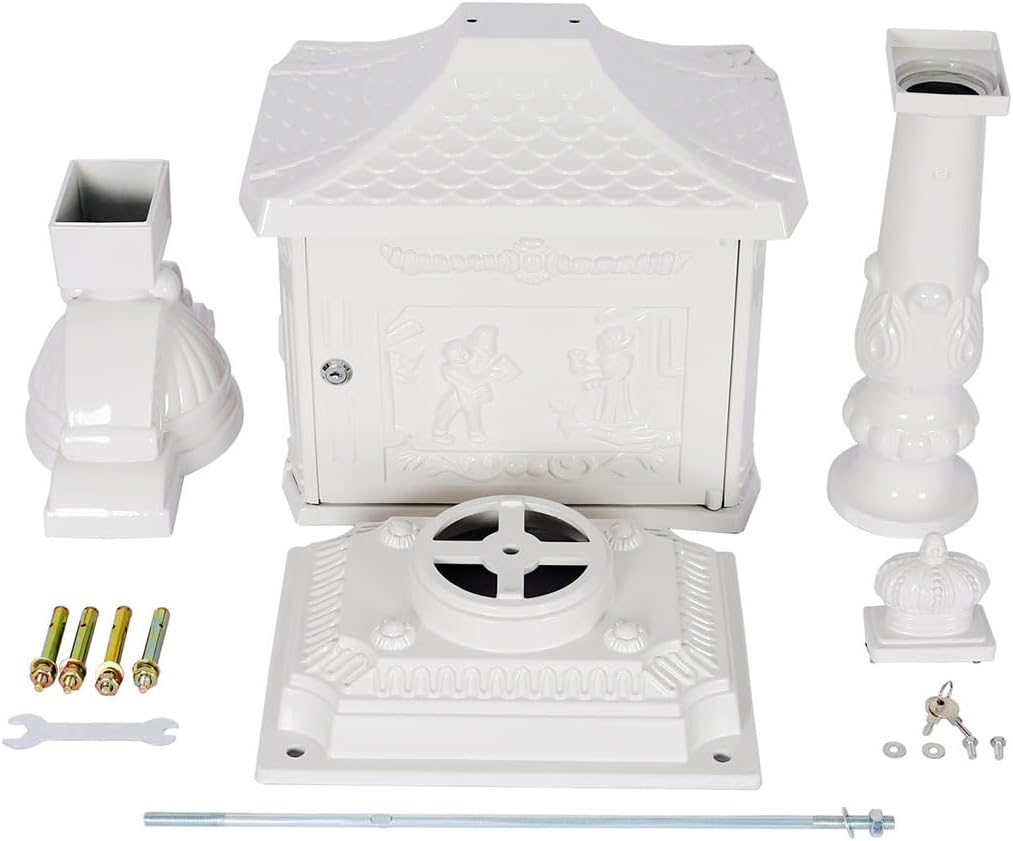 Mailbox for Outside, Aluminum Mailbox with Post, Heavy Duty Water-Resistant Mailbox with Key, Baffle Door, Expansion Bolts, Locking Residential Mailboxes for Residential House,White