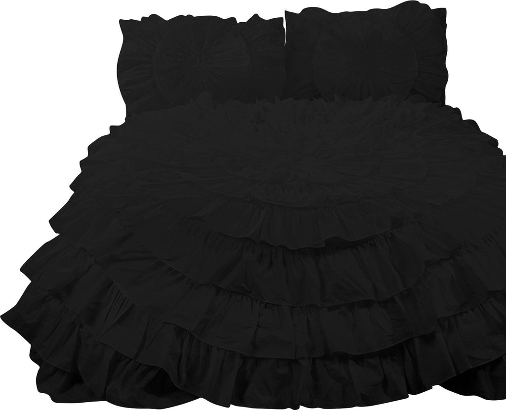 3 Piece 100% Egyptian Cotton Circle Ruffle Comforter Set, 550 GSM Filled Microfiber - Full/Queen Size, Black Color - 1000 Thread Count